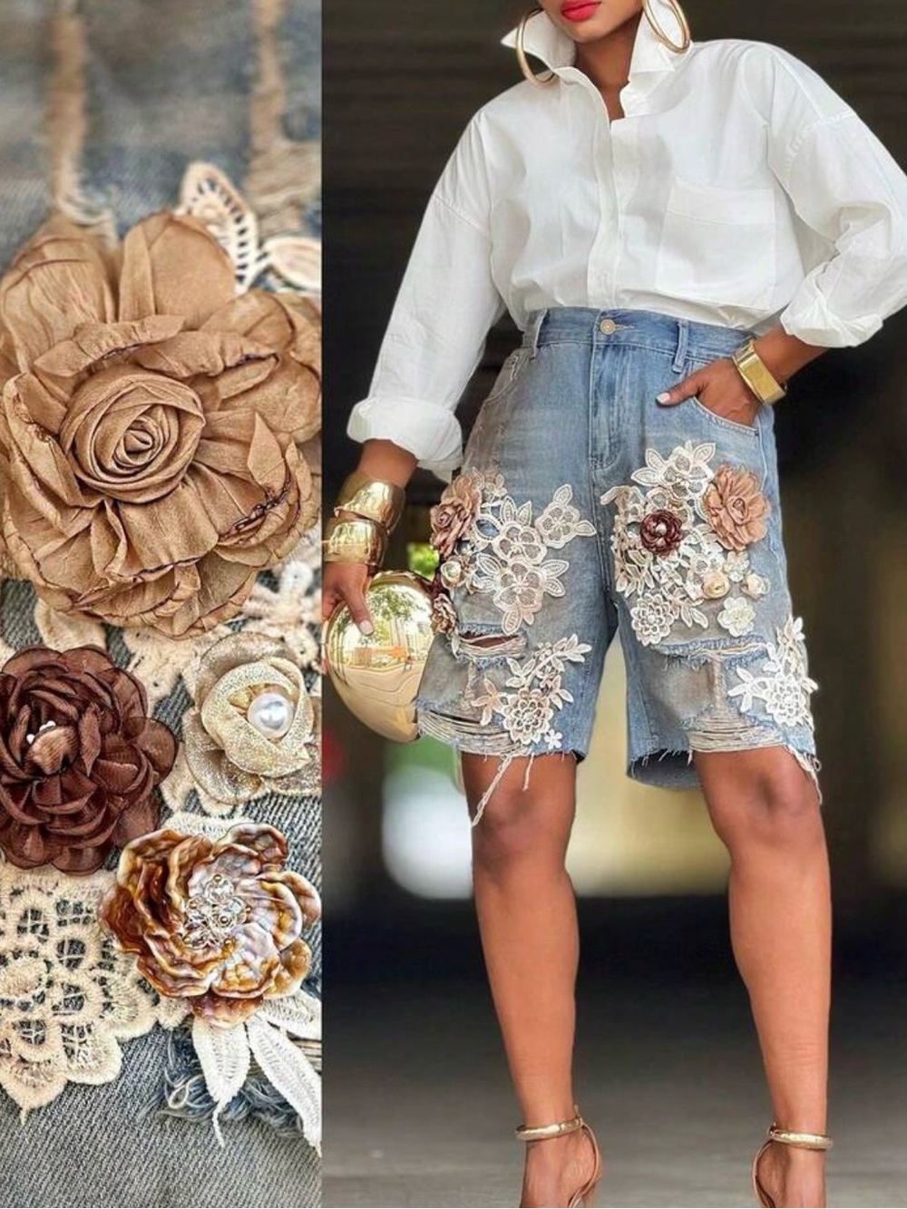 Embellished Floral Appliqué Denim Shorts - Blue - Picture 3 of 6